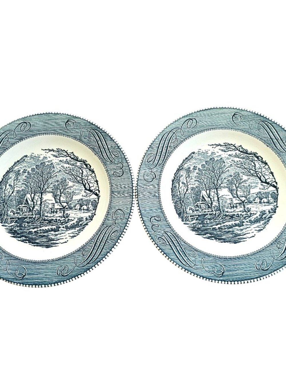 2 Royal Old Grist Mill Blue Dinner Plate 10" countryside Currier Ives Ironstone